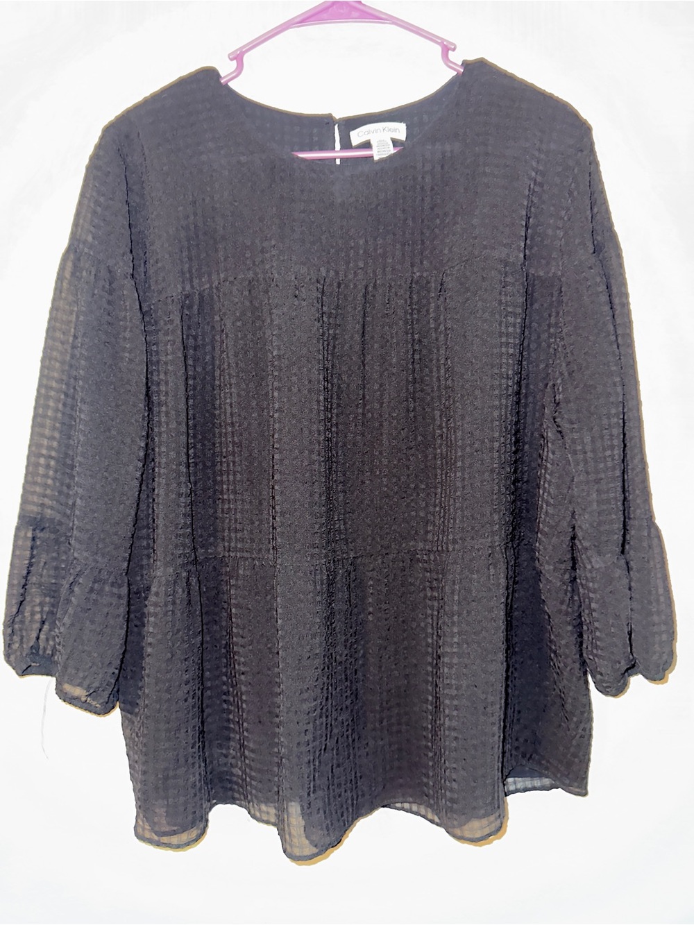 Calvin Klein Women's Black Textured Peasant Blouse XL
